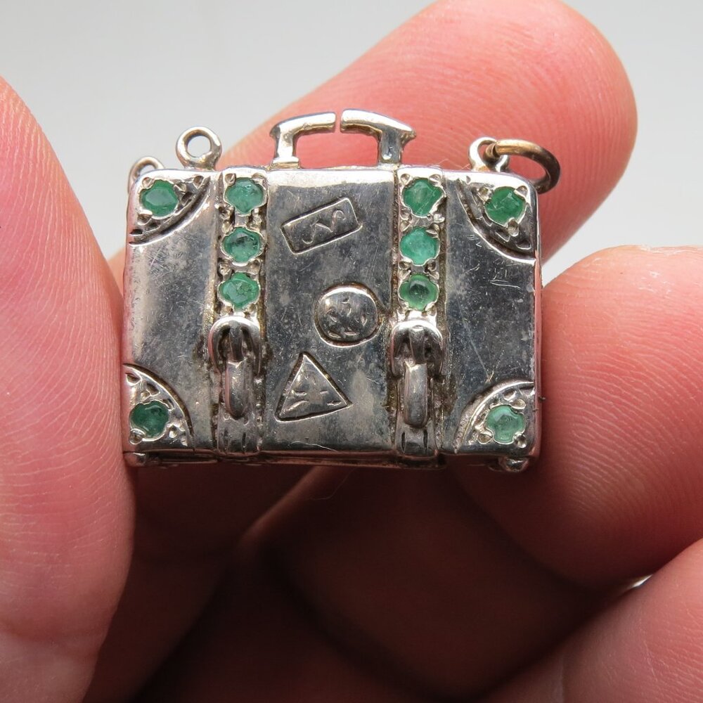 *925 Silver Antique Suitcase Emerald - image 1